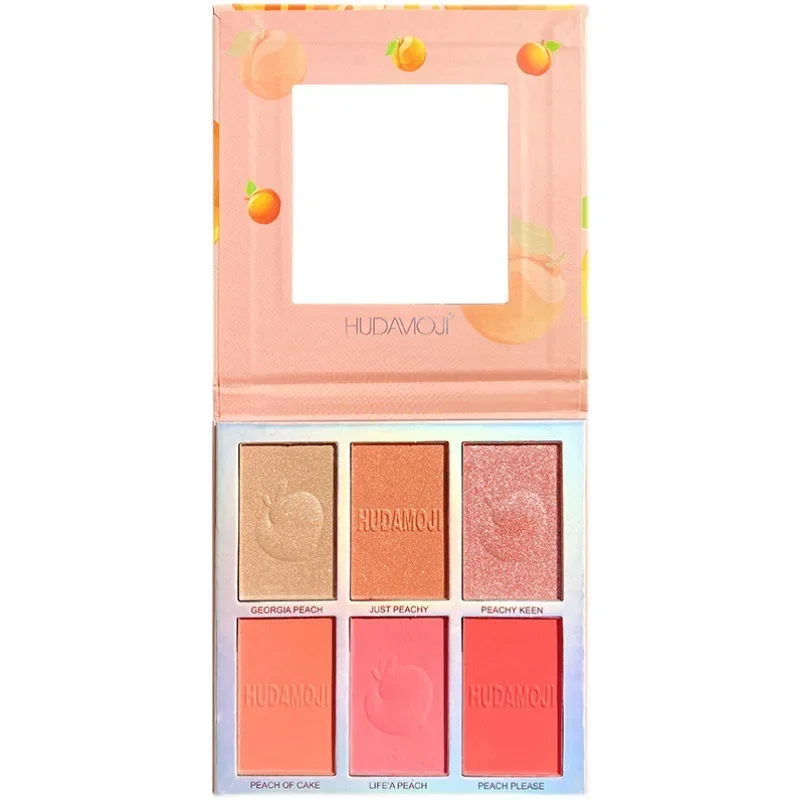 6 cores pêssego destaque blush sombra de olho paleta de maquiagem multifuncional rosto iluminando pó cintilante sombra de olho