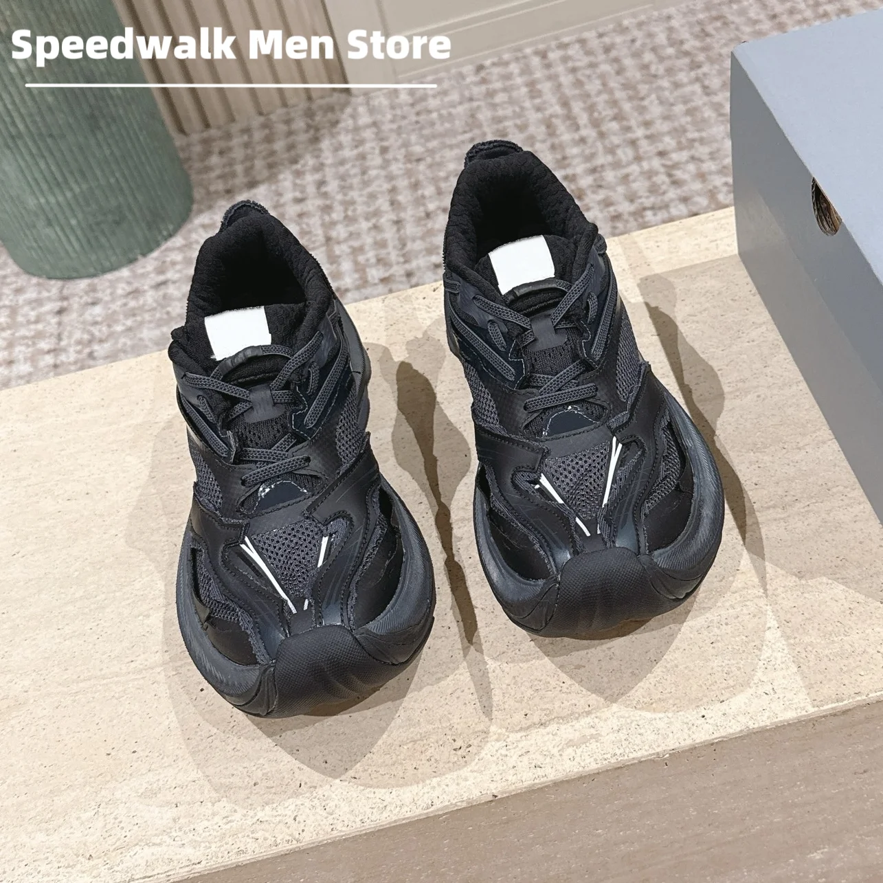 Men Breathable Mesh Synthetic Leather Chunky Sneakers Four Season Platform Casual Running Shoes Non Slip Thick Sole Dad Trainers