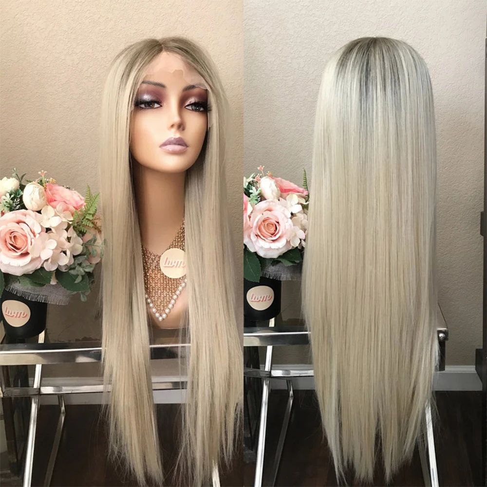 Platinum Blonde Straight Lace Front Wig for Women Synthetic Mixed Human Hair Wigs Heat Resistant Pre Plucked Ash Root Daily Wear