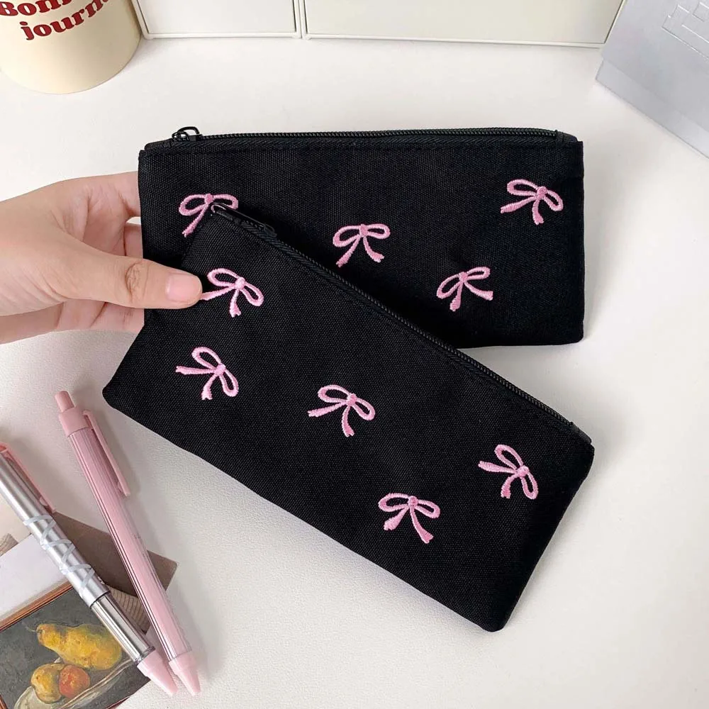 Bowknot Bow Stationery Bag Desktop Storage Black Pink Korean Style Pencil Case Ins Style Large Capacity Bow Pencil Pouch Office