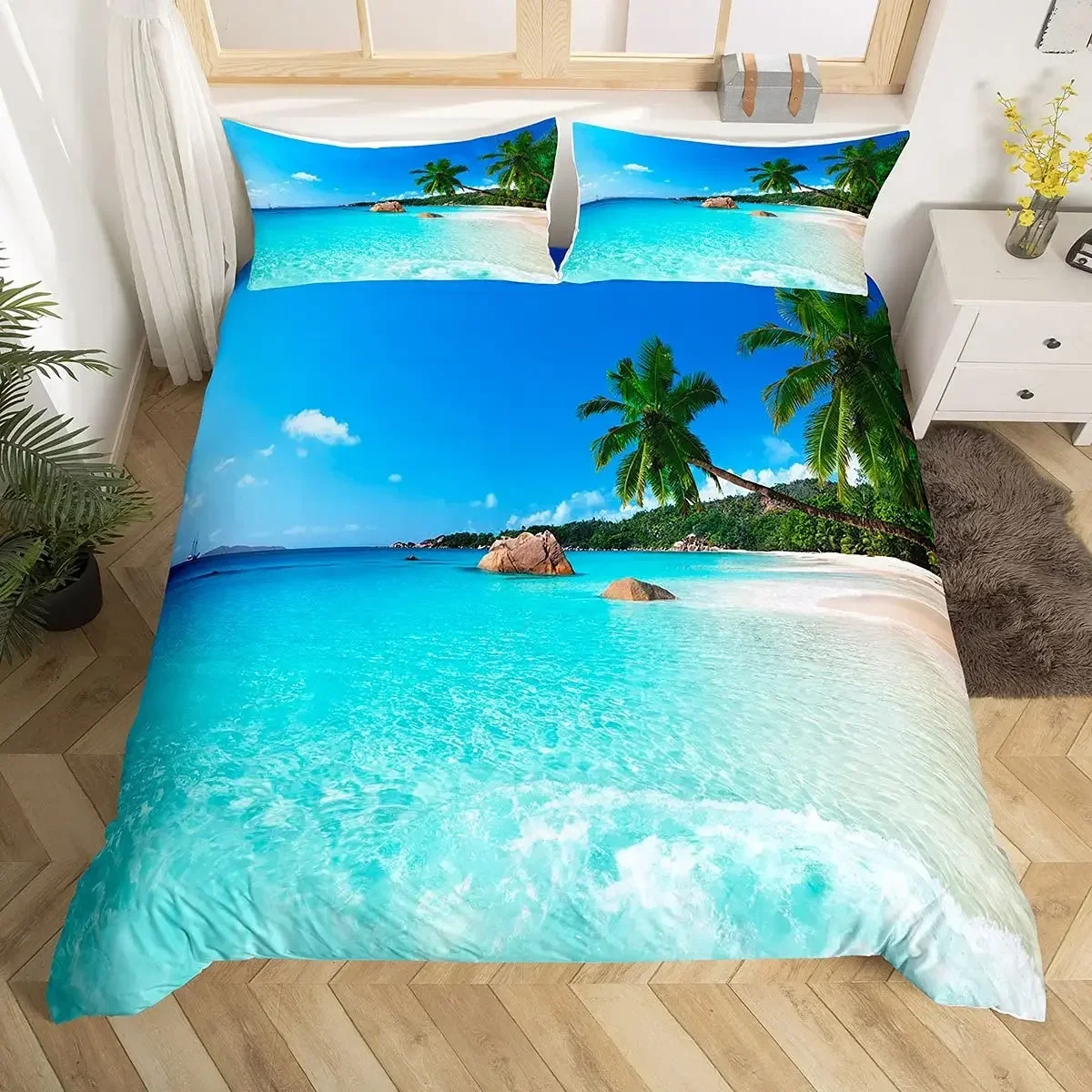 Ocean Duvet Cover Summer Beach Decor Hawaiian Vacation Style Bedding Set Tropical Nature Sea Theme Palm Trees Comforter Covers