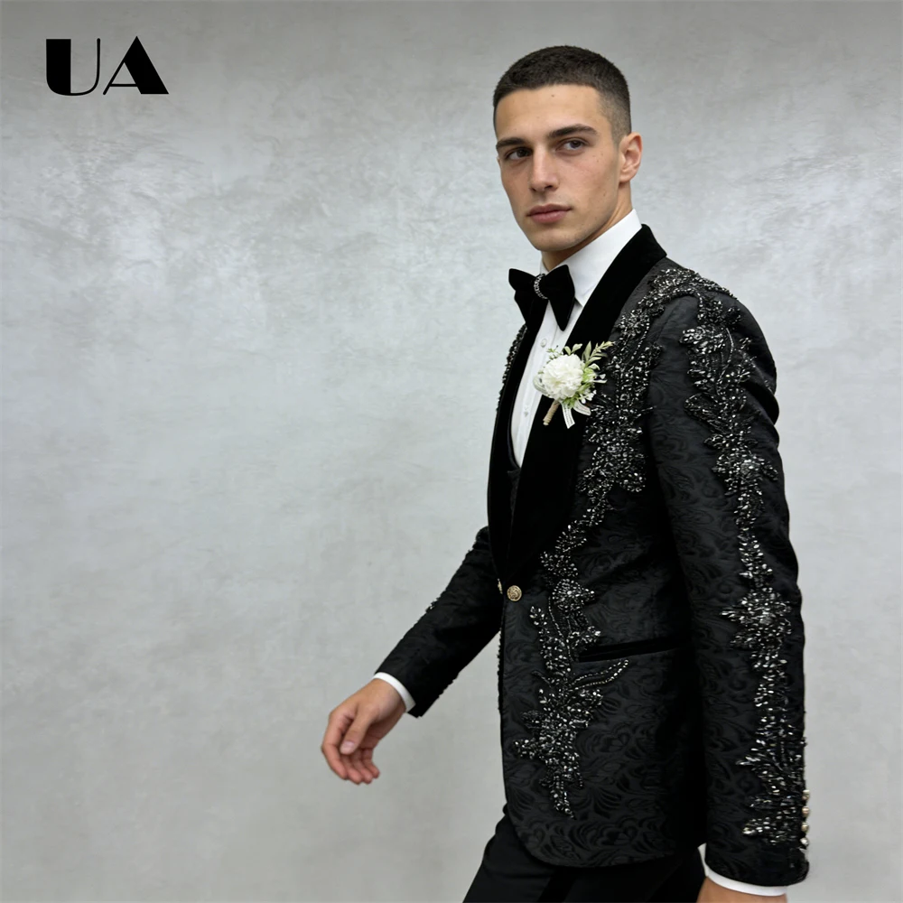남성용 자카드 3피스 고급 정장 세트, 벨벳 칼라가 있는 수제 비즈 크리스탈 자켓, 웨딩 신랑 정장, 프롬 정장 의상