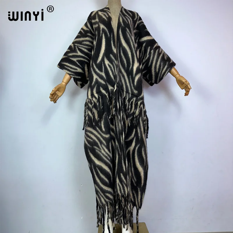 WINYI winter catwalk coat for women Retro print tassel Luxury Long Fur Loose OverCoat Thick Warm long down coat fashion jacket