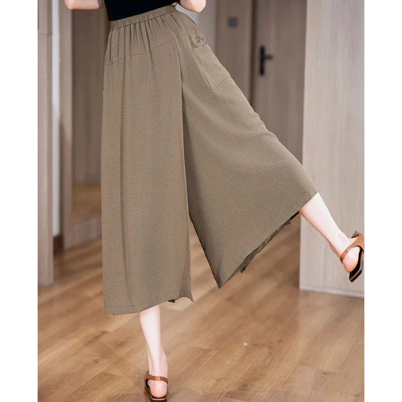 Women Thin Casual Calf Length Pants Girls Slim Fit Baggy Loose Slit Capri Pants Lady High Waisted White Coffee Black Mom Slacks