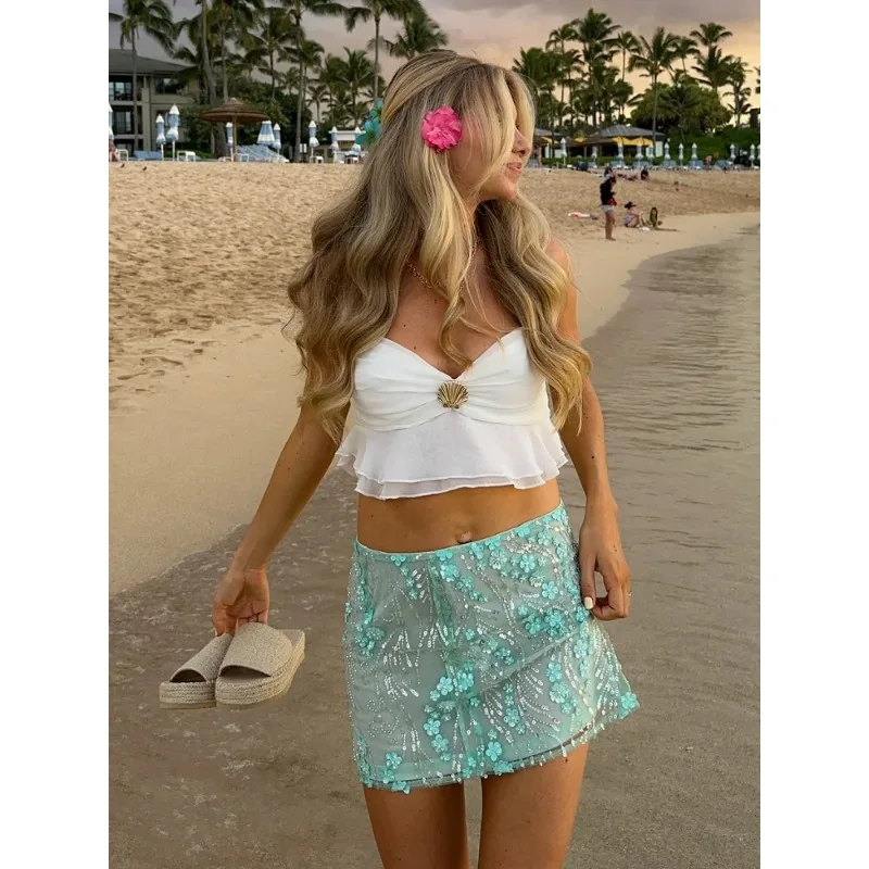 

Модная мини-юбка с цветочным принтом, пайетками и жемчугом для женщин, летняя, для отпуска, с бисерной отделкой, короткая, пляжная.