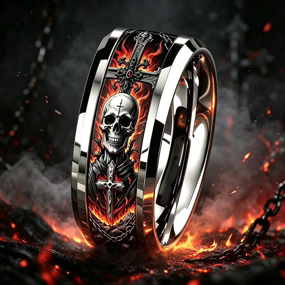 Gothic Punk Flame Skull Cross Ring, Cool Men Stainless Steel Skull Rings, No Fade Rock Biker Halloween Jewelry Gift Wholesale