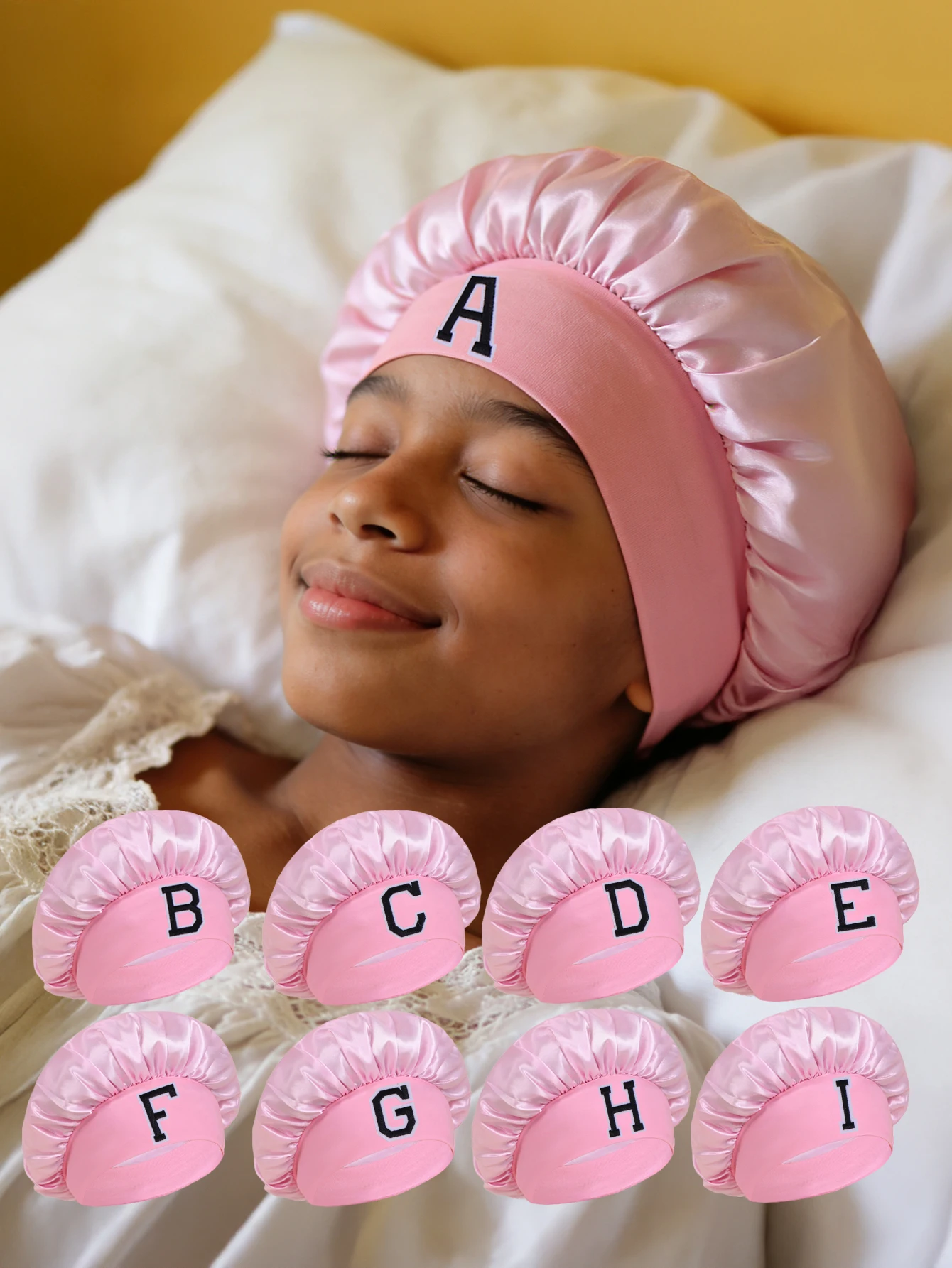 

1pc pink Children's A-Z Letter Elastic Wide Brim Satin Sleep Cap, Elastic Hat For Hair Protection, Super Soft Breathable Design