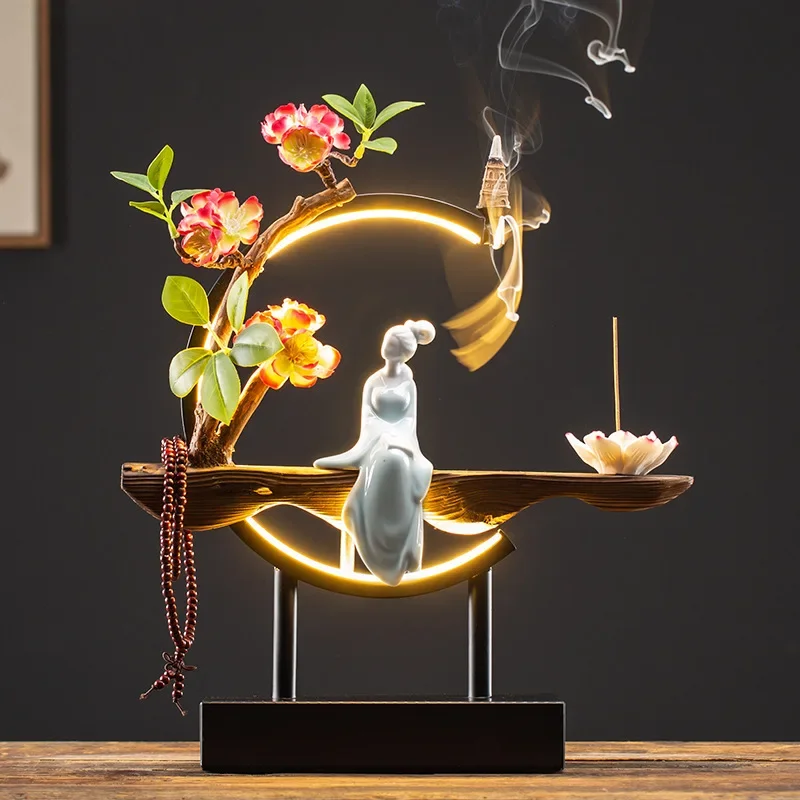 

Zen Lucky FengShui Ornaments Incense Stick Holder Chinese-style Backflow LED Lamp Night Light