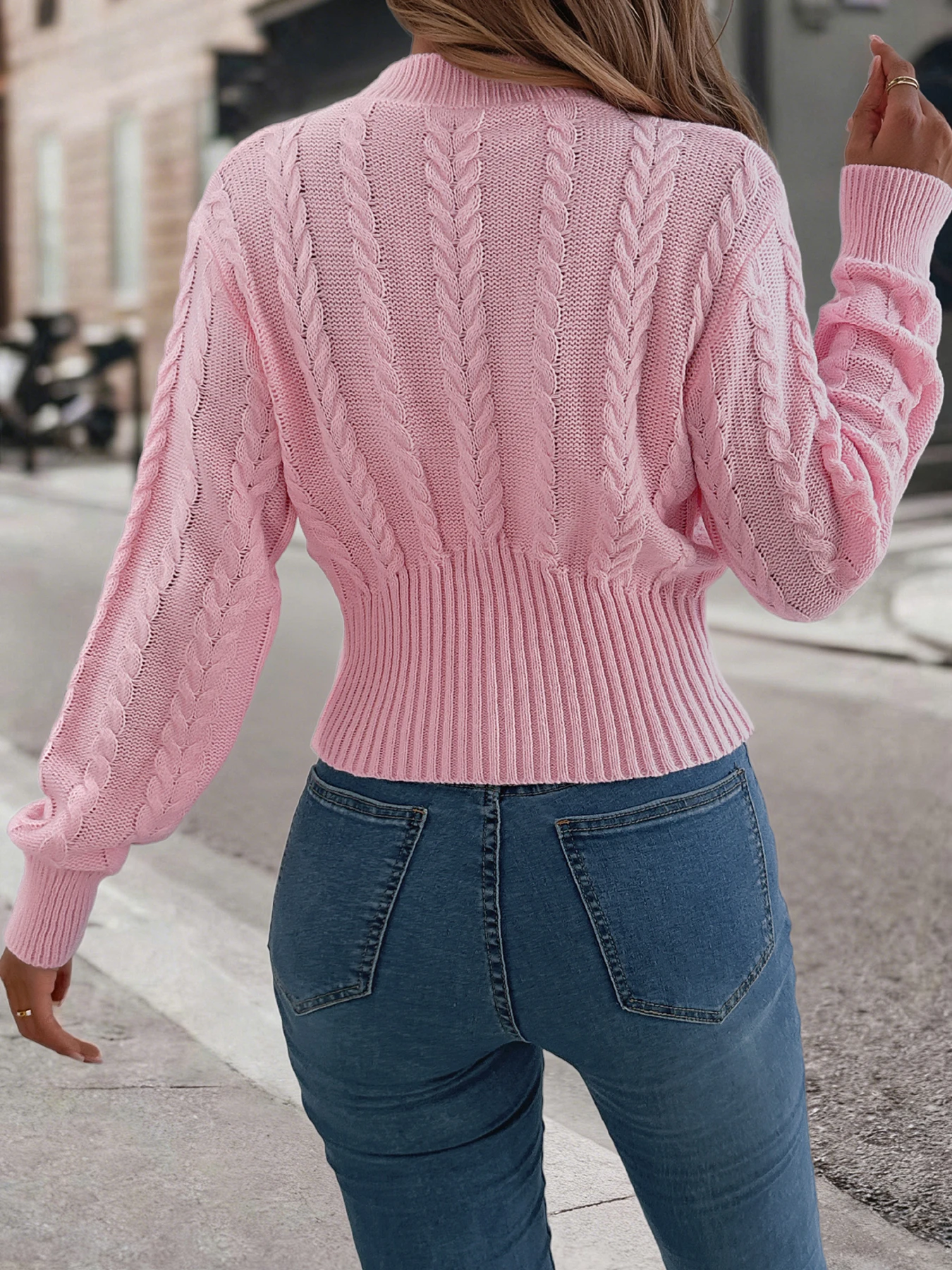 Maglioni lavorati a maglia twist tinta unita da donna 2025 Autunno Inverno Casual Collo a lupetto Vita che abbraccia Lanterna Pullover a maniche lunghe Rosa