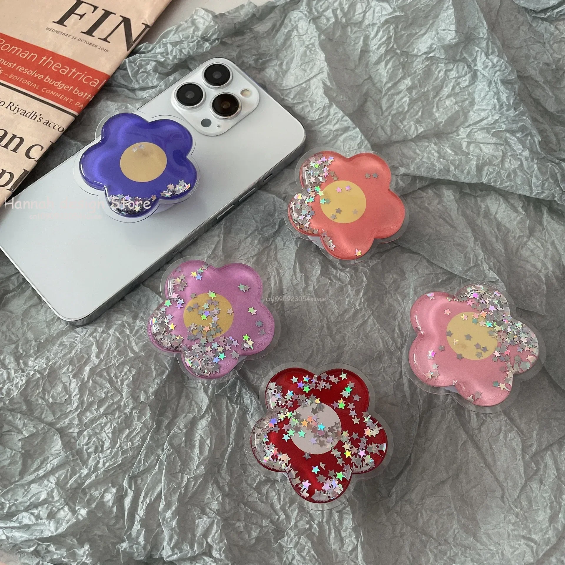 Cartoon Glitter Flowers Liquid Quicksand Phone Grip Stand Holder For iPhone Samsung Huawei Xiaomi Universal Finger Ring Bracket