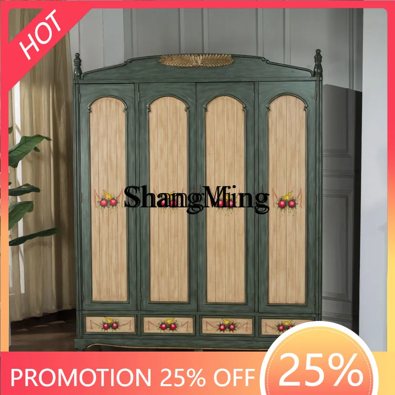 SM New Warrobe Bedroom Retro Painted Furniture Rustic Antique Four-draw Four-Door Large Wardrobe