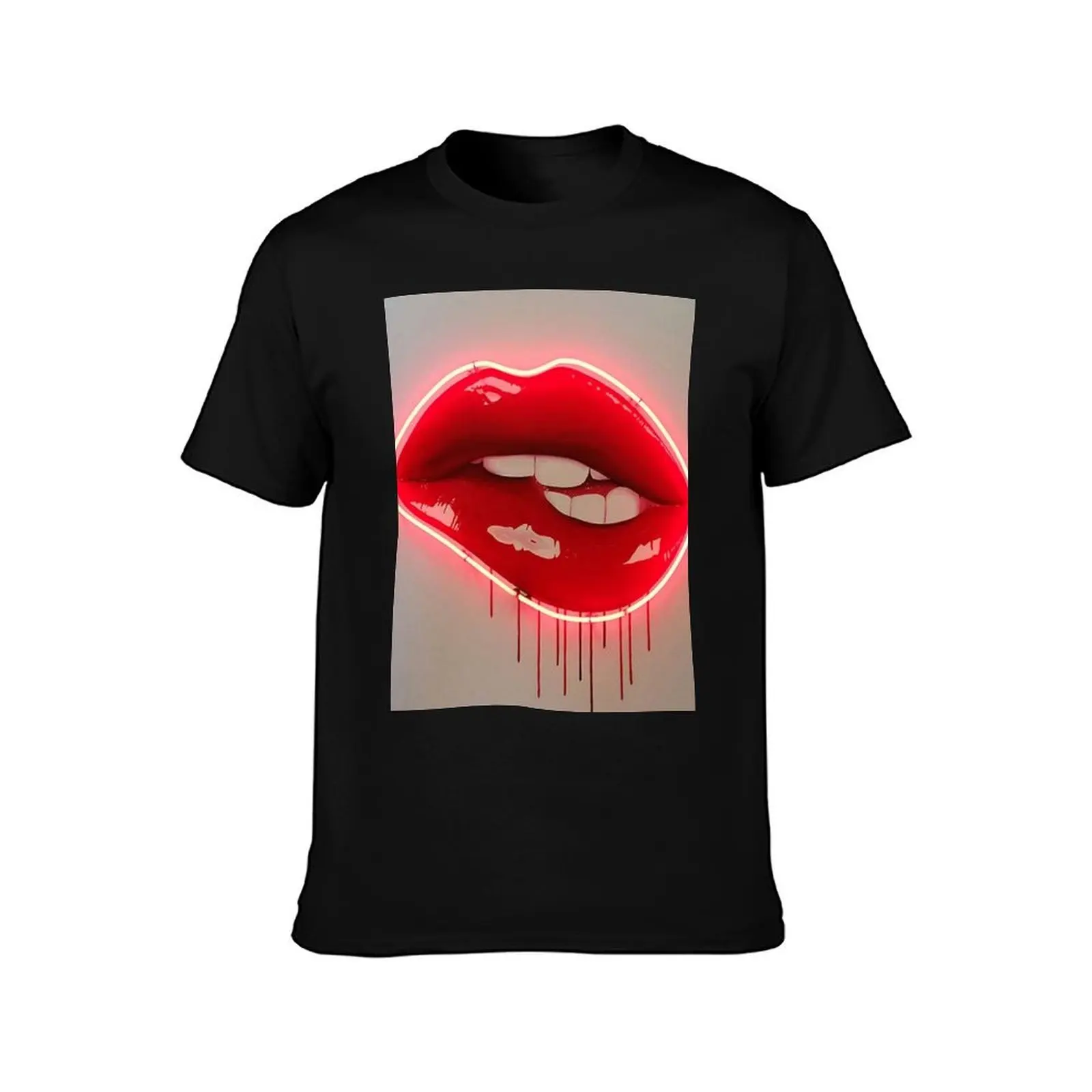 Neon Lip Biting Tapestry T-Shirt Summer Casual Cotton Tee Oversized Streetwear Tops Vintage Graphic Print Unisex Men Women