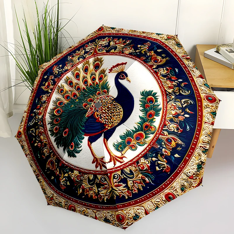 Peacock Theme Design Folding Umbrella - Fashionable Auto-Open Design 8 Iron Ribs Plastic Handle Foldable Sunshade，Perfect Gifts