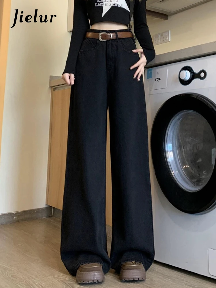 

Jielur Black Loose High Waist Straight Women's Jeans New Full Length Solid Color Casual Basic Female Wide Leg Pants Office Lady