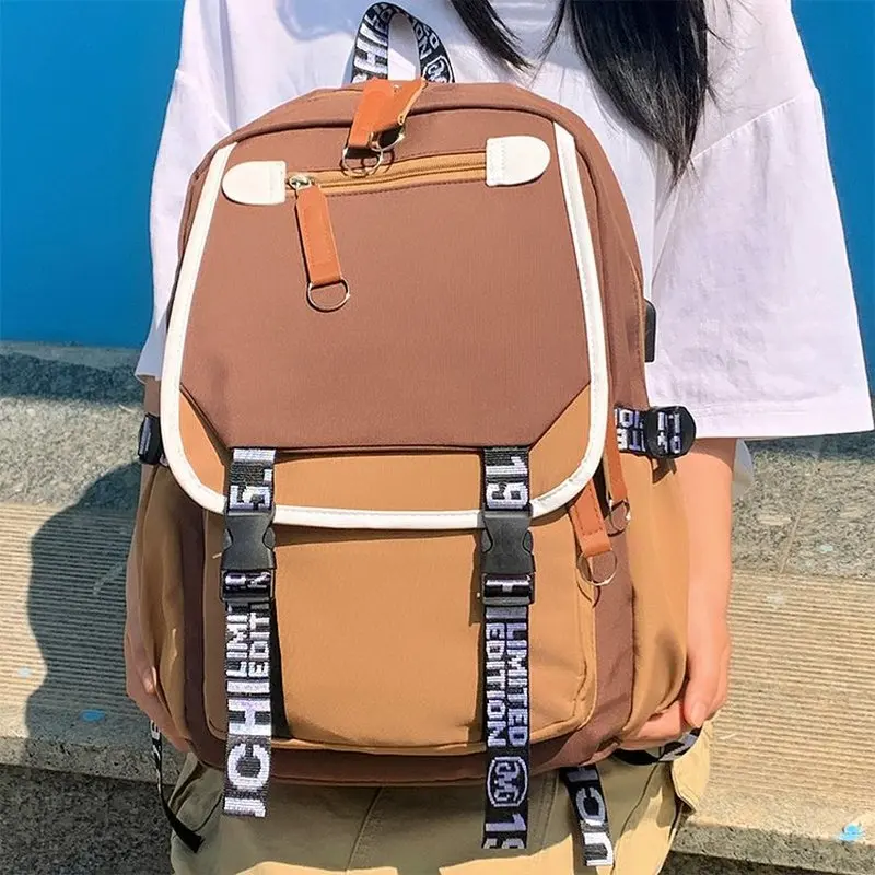 Harajuku Streetwear Backpack Men Women Color Block Canvas Rucksack Limited Edition Letter Ribbon School Bag Sac