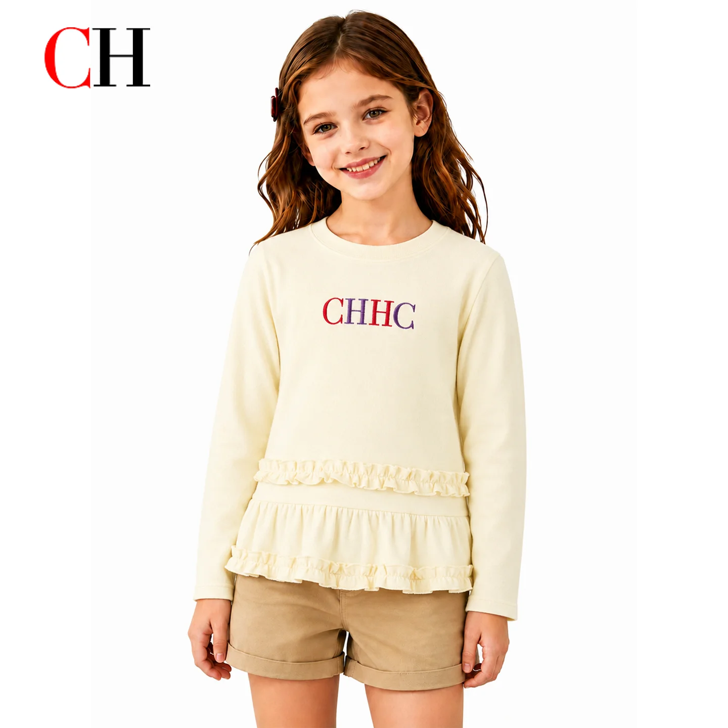 CH Girls Ruffle Hem Sweatshirt Long Sleeve Crew Neck Letter Embroidery Casual Pullover Top Kids Spring Autumn