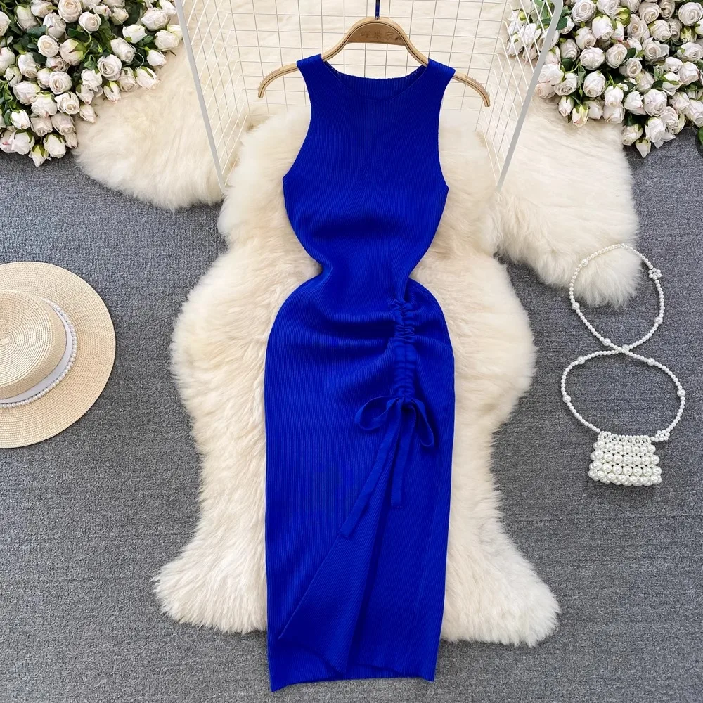 Yuoomuoo Frauen Kleid 2024 Sommer Mode sexy Bandage Split gestrickt Bodycon Kleid lässig ärmellose weibliche Streetwear Outfits