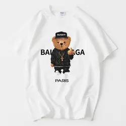 2024 Fashion 100% cotton men's and women's T-shirt cartoon bear alphabet print spring/summer O-Neck short-sleeved top clothing