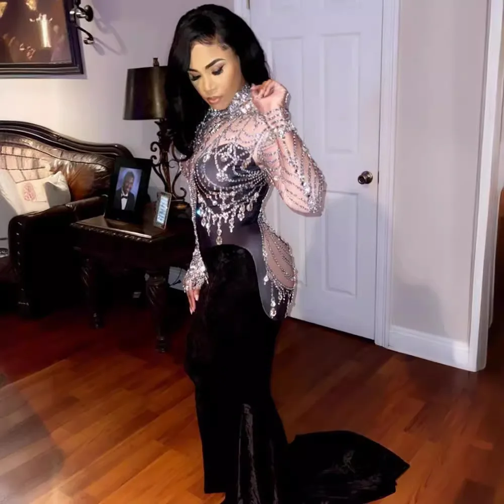 Atmosphere Luxury Sparkling Diamond Black Velvet Long Dress Female Sexy Bar Nightclub Birthday Party Show Singer Host Stage Wear
