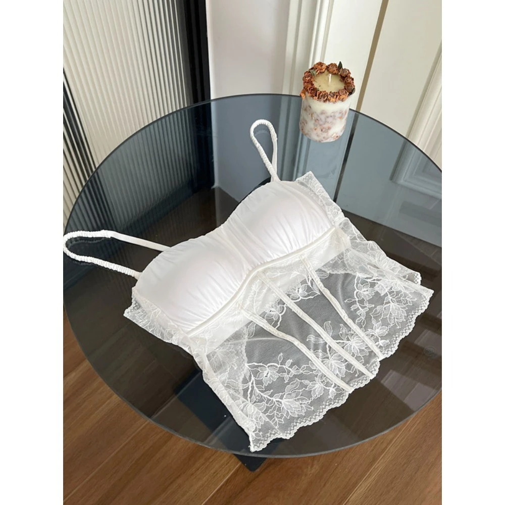 BANERDANNI French Style Lace Satin Long Women Bra Push‑Up For Small Chest Wireless Open Back Sexy Brassiere Summer Underwear