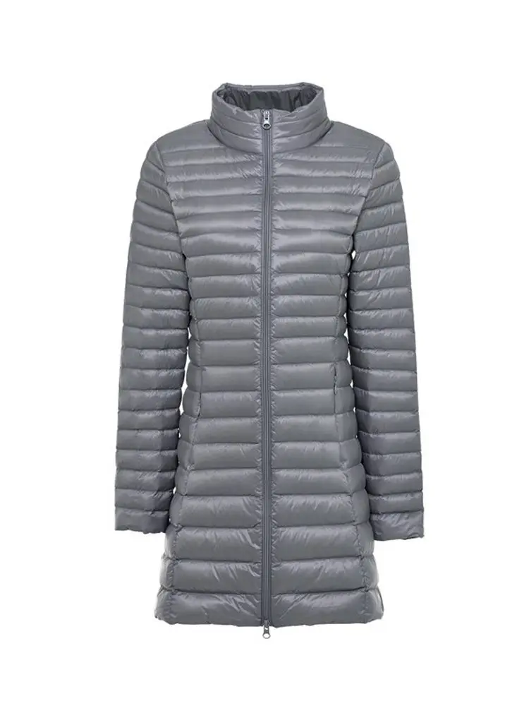 Casacos de pato para mulheres, ultra leve, casaco longo, casacos quentes, à prova de vento, fino e portátil, jaqueta puffer feminina, novo, inverno, 0-10 ℃, 2024