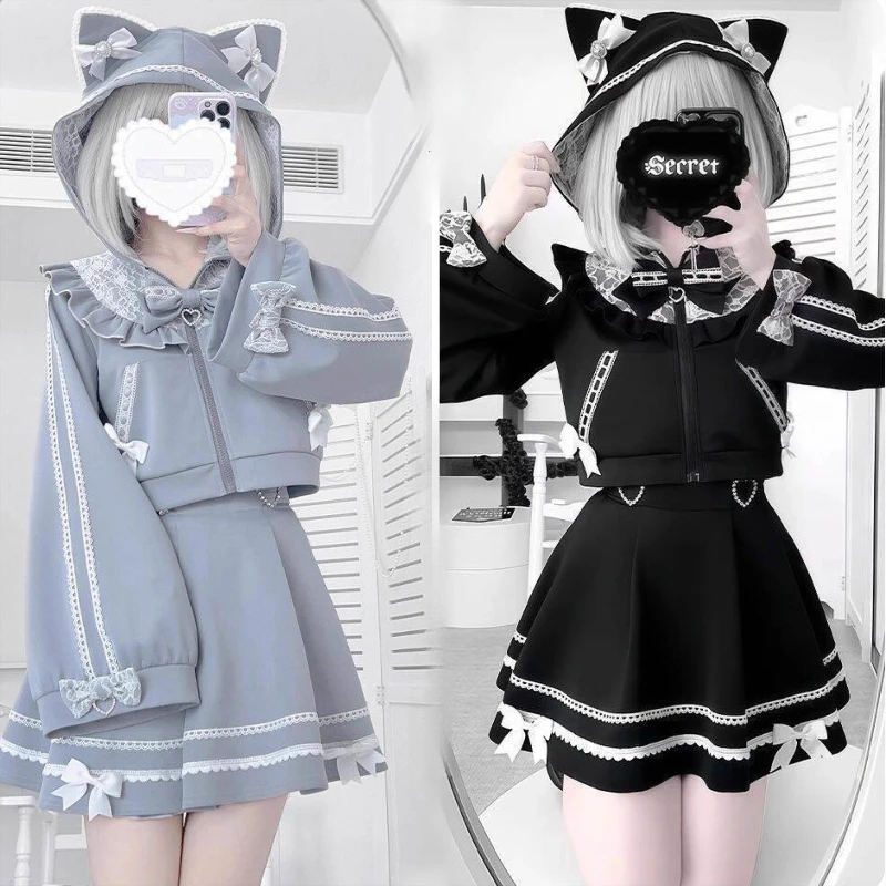 

Японский готический элегантный милый комплект из 2 предметов для женщин, дизайн Лолиты, милое короткое пальто с капюшоном + юбка, модная кружевная одежда в стиле Харадзюку в стиле ретро