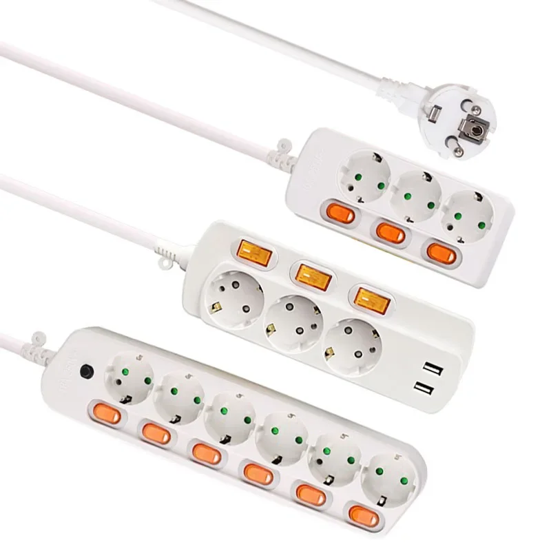Cabo de extensão EU, Faixa de alimentação, Proteção contra sobrecarga, Comutado individualmente, Tomada USB, 1,5 m, 2,5 m, 10, 16A, 250V, 2, 3, 4,