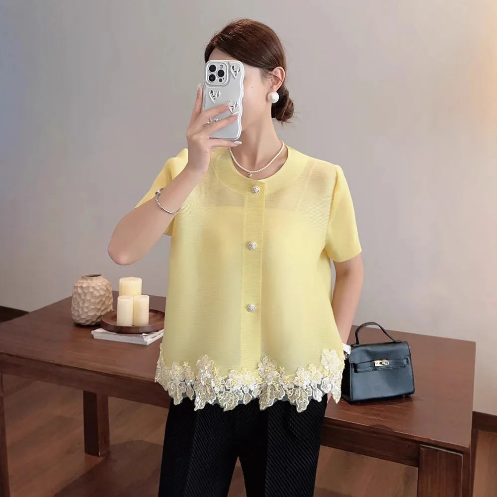 Miyake Pleats 2025 Summer New Women's Fashion Design Sense Lace Single-breasted Round Neck Pleats Loose and Versatile T-shirt