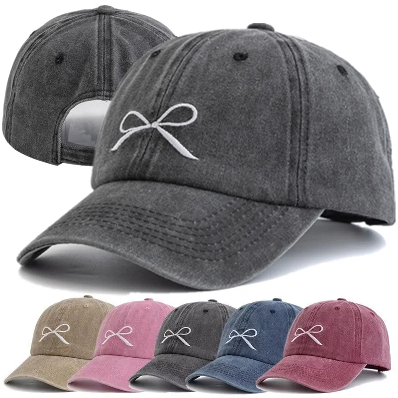 Neue Frauen Gewaschen Baumwolle Kappe Bogen Knoten Stickerei Vintage Baseball Kappe Weibliche Casual Outdoor Streetwear Papa Hüte