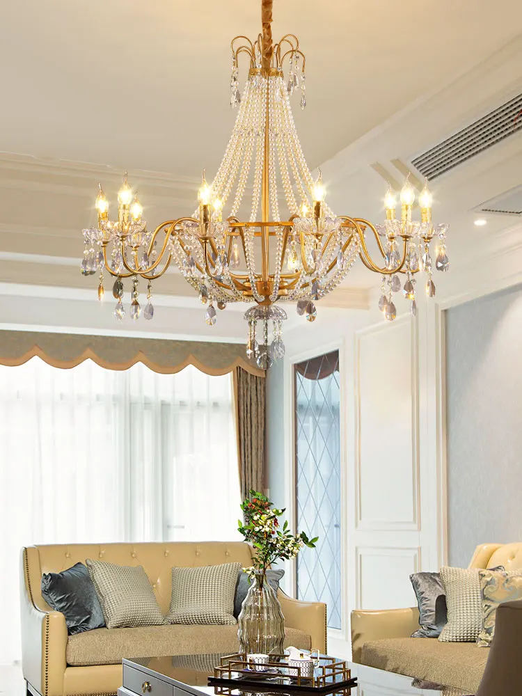 American Crystal Lamp French Retro Pearl Chandelier Medieval Villa Living Room Dining Room Bedroom Duplex Atmospheric Main Light