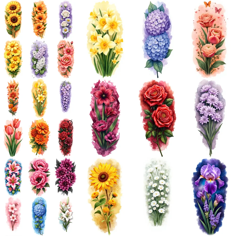 

9pcs Temporary Tattoo Waterproof Long-lasting Body Stickers Tulip Stickers Hydrangea Stickers For Back Male Shoulders