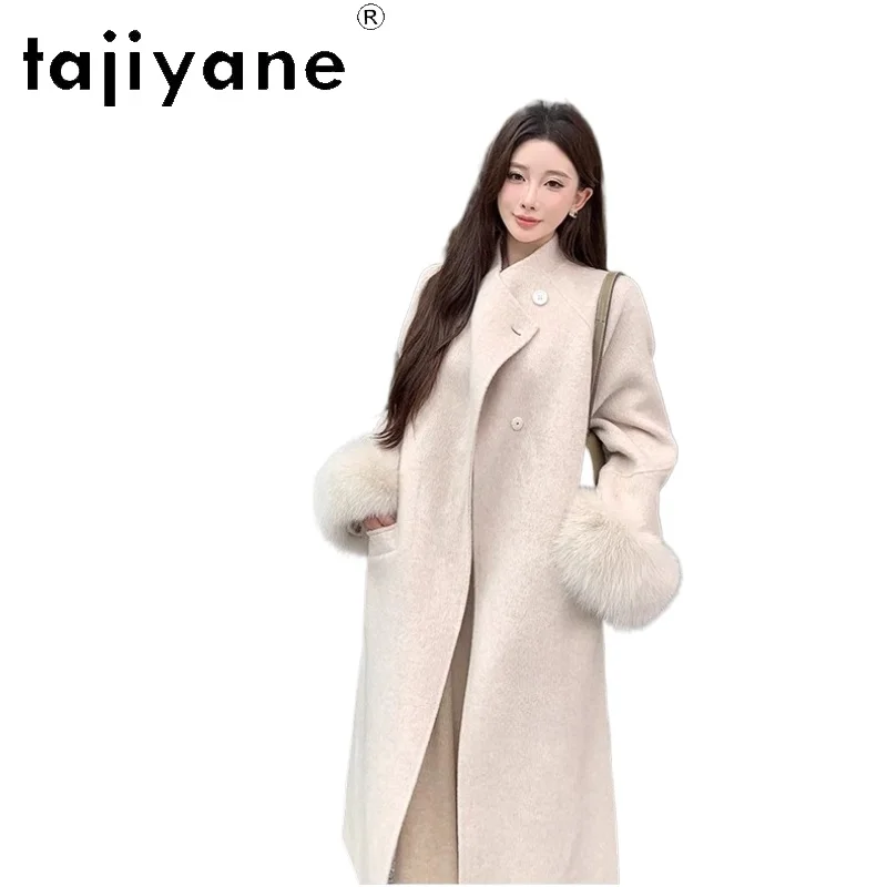 

TAJIYANE 100% Wool Long Coat Detachable Fox Fur Cuffs Stand Collar Elegant Women Clothing Premium Outerwears 2025 Winter пальто
