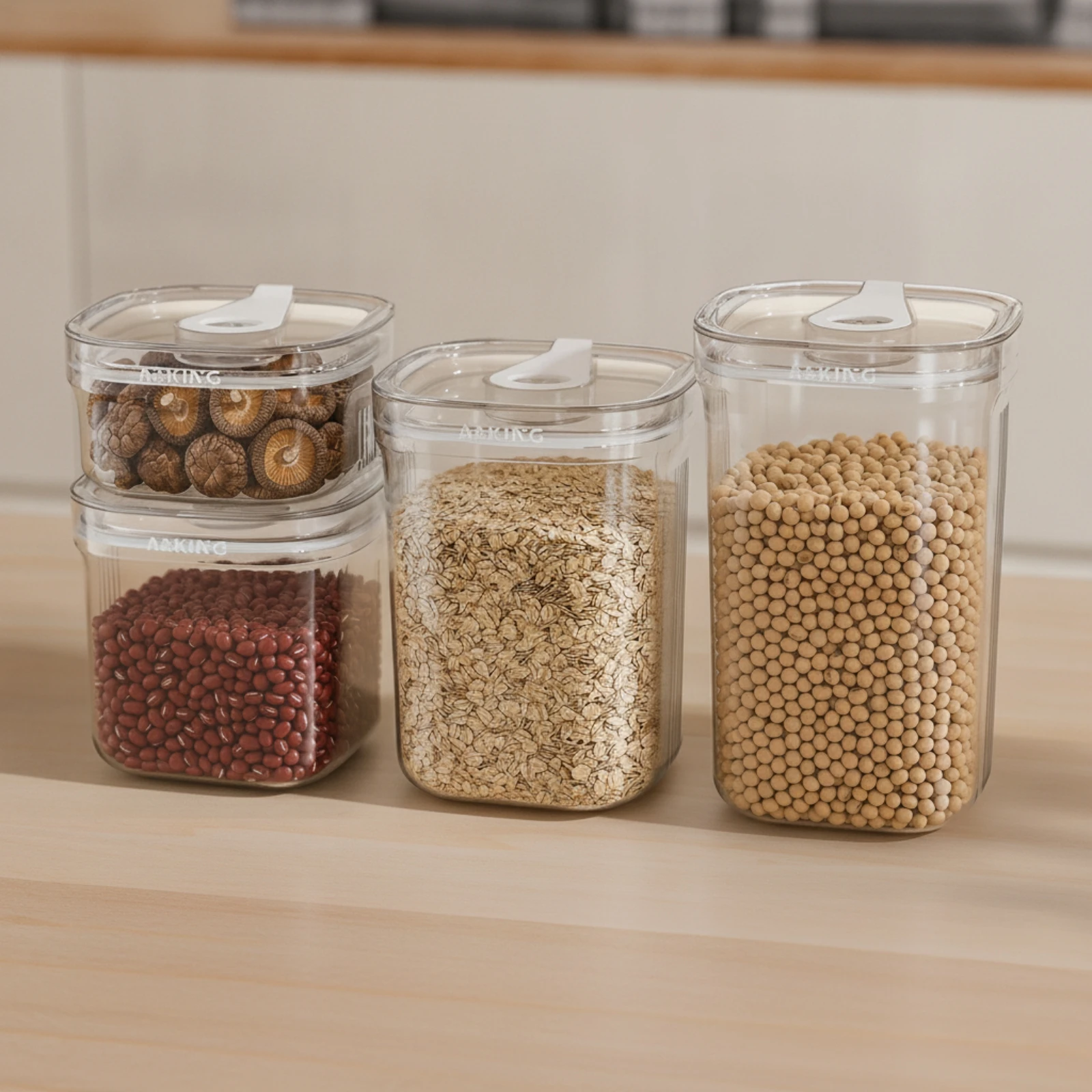 4 Pieces Food Storage Jars with Lids Graduated Plastic Storage Jars Square Containers Leakproof for Home Organizers, Pantry