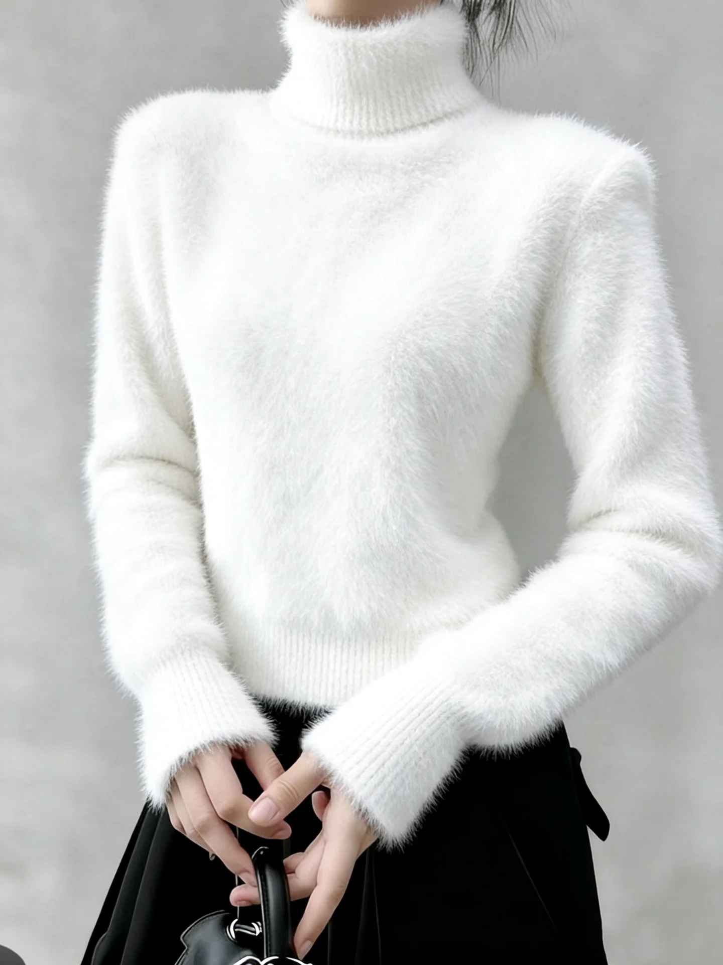 

Белый утепленный свитер с высоким воротником из искусственного меха норки для женщин, зимний, мягкий, уютный, вязаный, новый, модный, простой, стильный