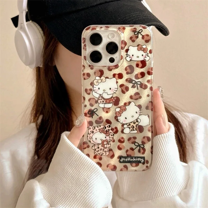 Y2k Sanrios Leopard Hellokitty Phone Case For Samsung Galaxy S25 S24 S23 S22 S21 FE Ultra Plus 4G 5G Feather Texture Back Cover - náhled 4