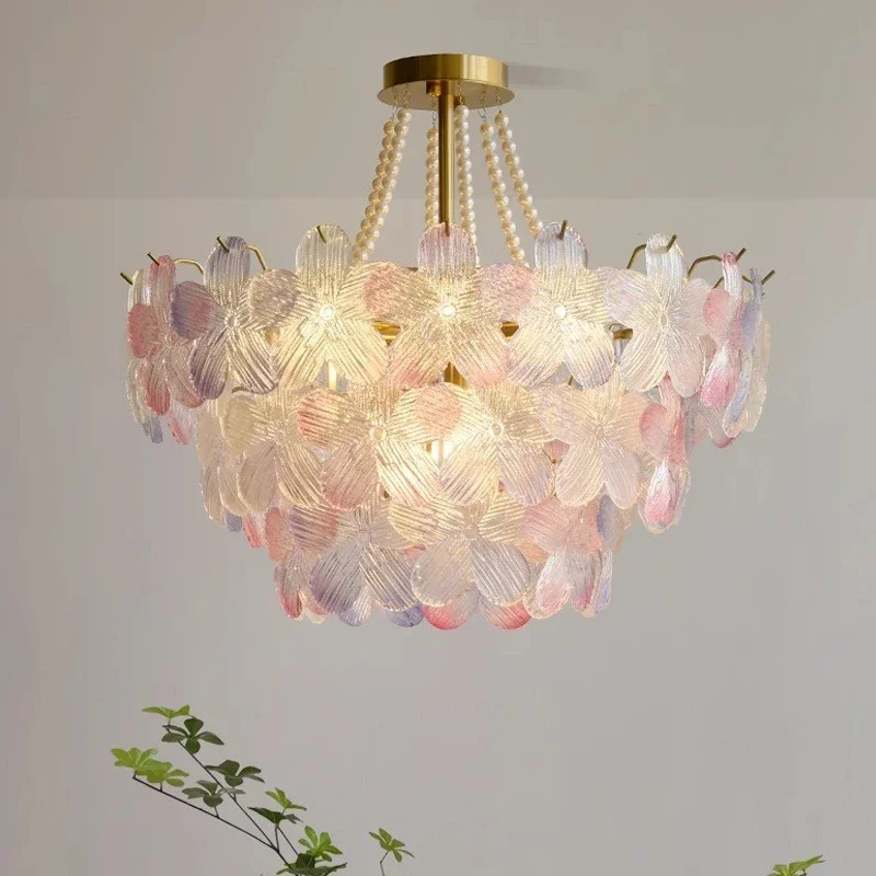 French Colored Crystal Glass Chandelier Lamp Luxury Pink Living Room Cream Petal Pendant Lights Bedroom Dining Room Lighting