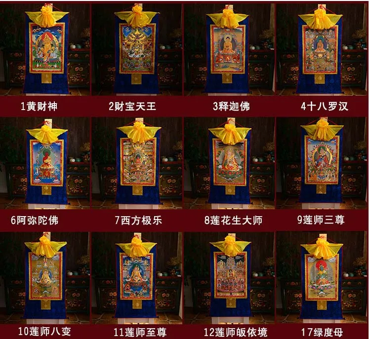 Wholesale Buddhist supplie 12PCS Thang-ga Thangka painting Sakyamuni, Amitabha, Padmasambhava,Yellow Jambhala,Green Tara buddha