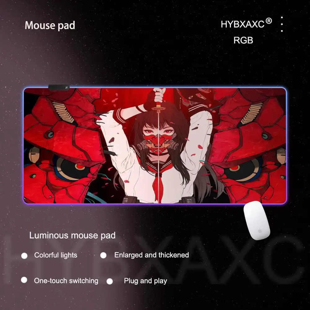 katana Girl Mouse Pad RGB Gaming Mouse Pad Desk Mat HD Gamer Large LED Light XXL MousePads PC Computer Carpet