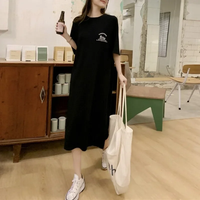 Vestido de divisão solto para carta feminino, tops longos, camisas de fundo, gola em O, manga curta, streetwear casual, moda coreana, primavera, verão, novo