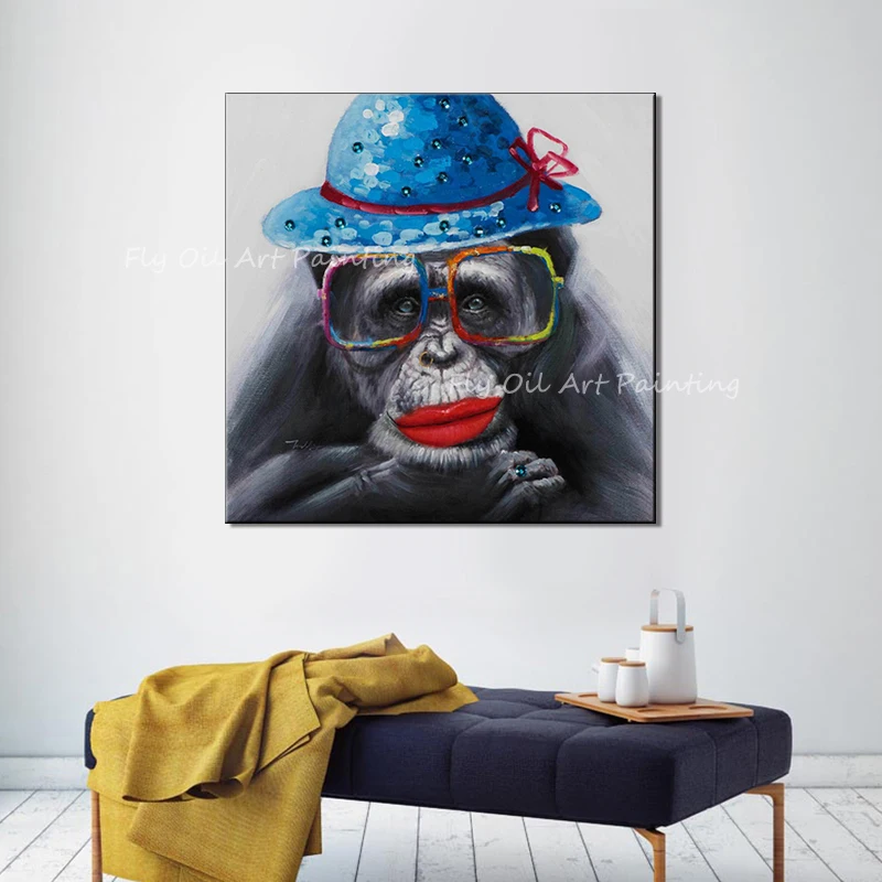 

100% hand painted colorful monkey face with blue hat animal picture oil painting for office living room decoration art