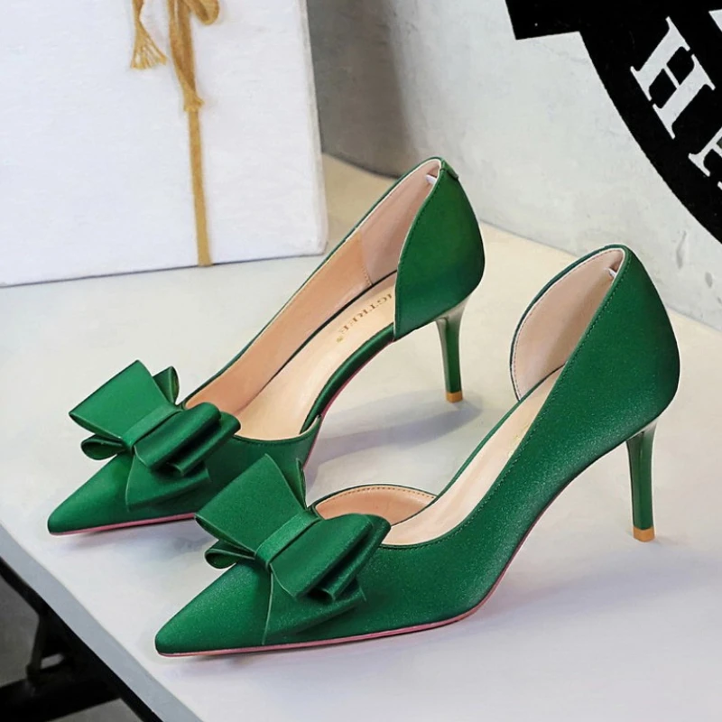 2026 Women 7cm High Heels Sweet Korean Side Hollow Pumps Lady Party Purple Green Kawaii Bowknot Heels Prom Silk Satin Shoes view 6