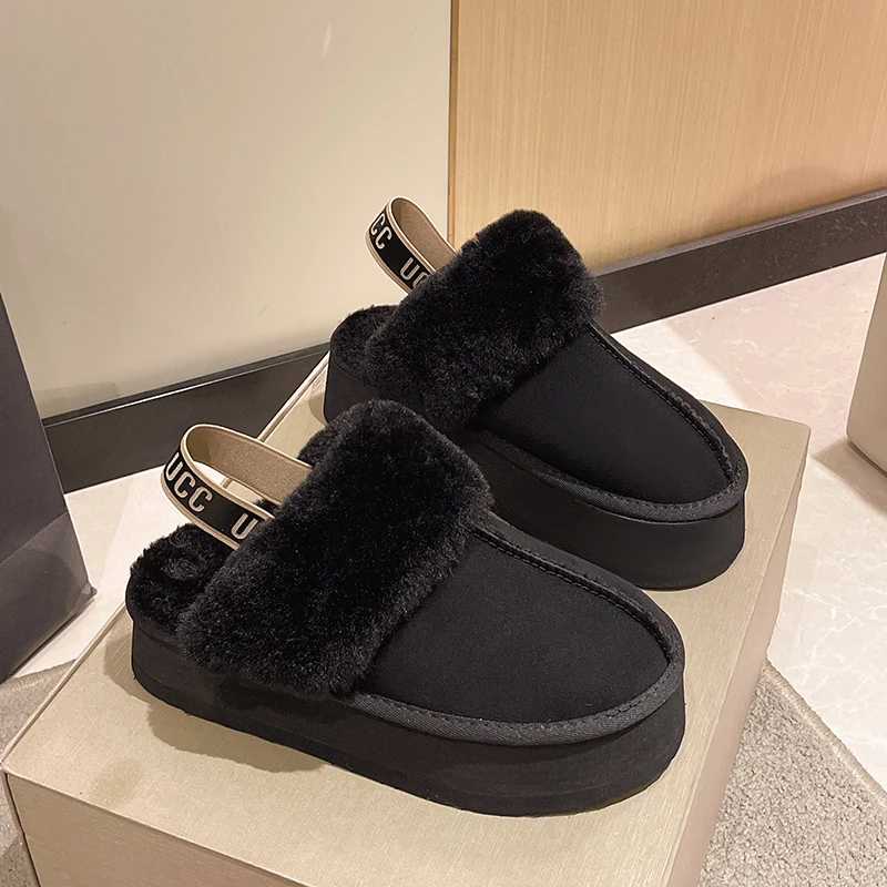 2023 Nieuwe Lederen Damesmode Winter Indoor Effen Kleur Suède Bont Slippers Dames Thuis Platform Warme Slip-On Damesschoenen