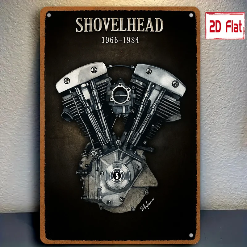 Aluminum Metal Sign, Vintage Shovelhead Motorcycle Engine Print Wall Art, Decorative Plaque for Biker & Man Cave Decor