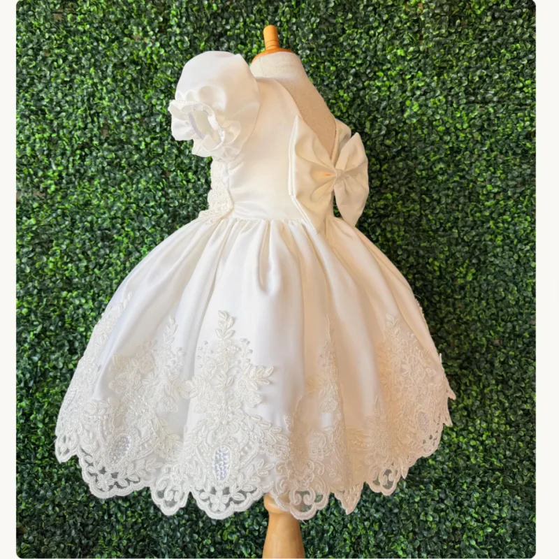 Christening Ivory Satin Embroidery Baptism Puffy Sleeves Knee Length V-Back Infant Toddler  Flower Girl Dress