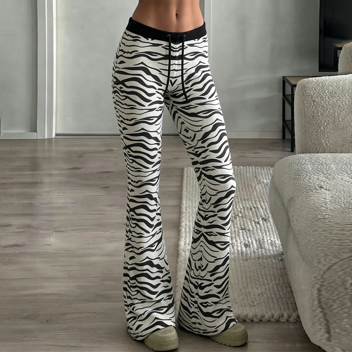Black White Zebra Striped Bell Bottom Trousers Ladies Drawstring Waist Slim Stretch Y2K Flare Pants Streetwear Long Bottoms New