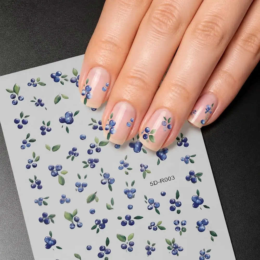 1Pc Exquisite Embossed Blueberry Layered Leaf Nail Sticker  Adhesive Blueberry Nail Decal Fresh Style Blueberry Nail Slider