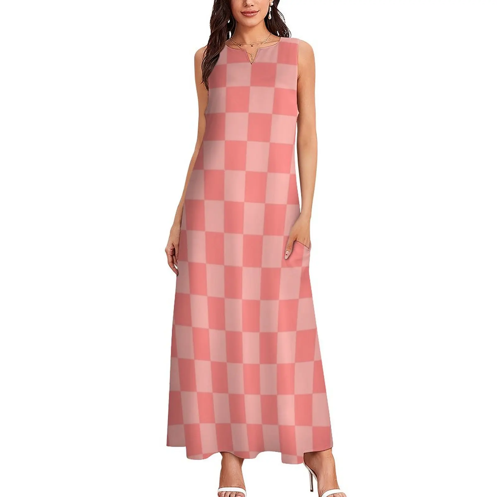 Checkerboard Mini Check Pattern in Double Blush Pink Long Dress women's summer dress 2025 dresses summer elegant dress