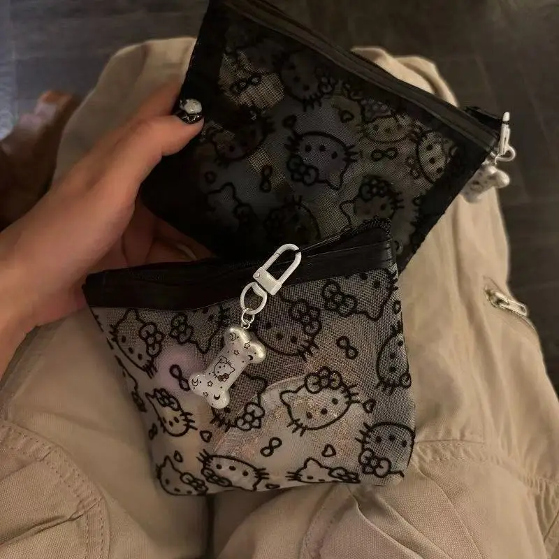 

Прозрачная сетчатая сумочка для монет Hello Kitty в мультяшном стиле, модная, простая, портативная косметичка, сумка для хранения наушников, праздничный подарок