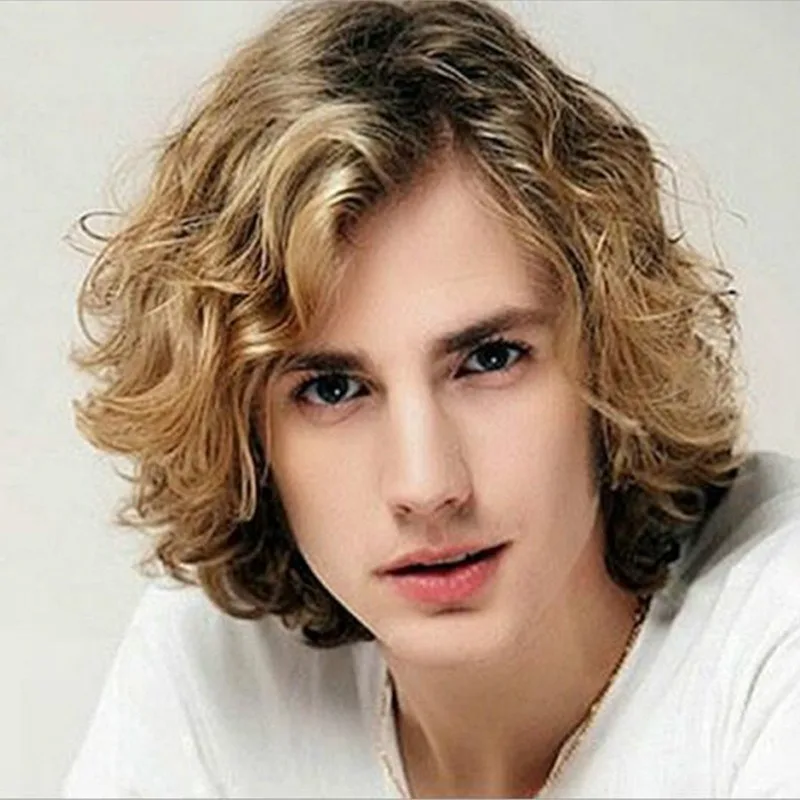 Men's wig with slanted bangs, short curly hair, golden gradient, synthetic fiber wig, fashionable wig accessory