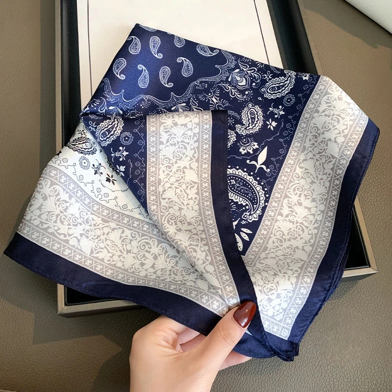 

100% Silk Scarf Women Navy Blue White Paisley Print Scarf Lady Neckerchief Vintage Handkerchief for Woman Accessories